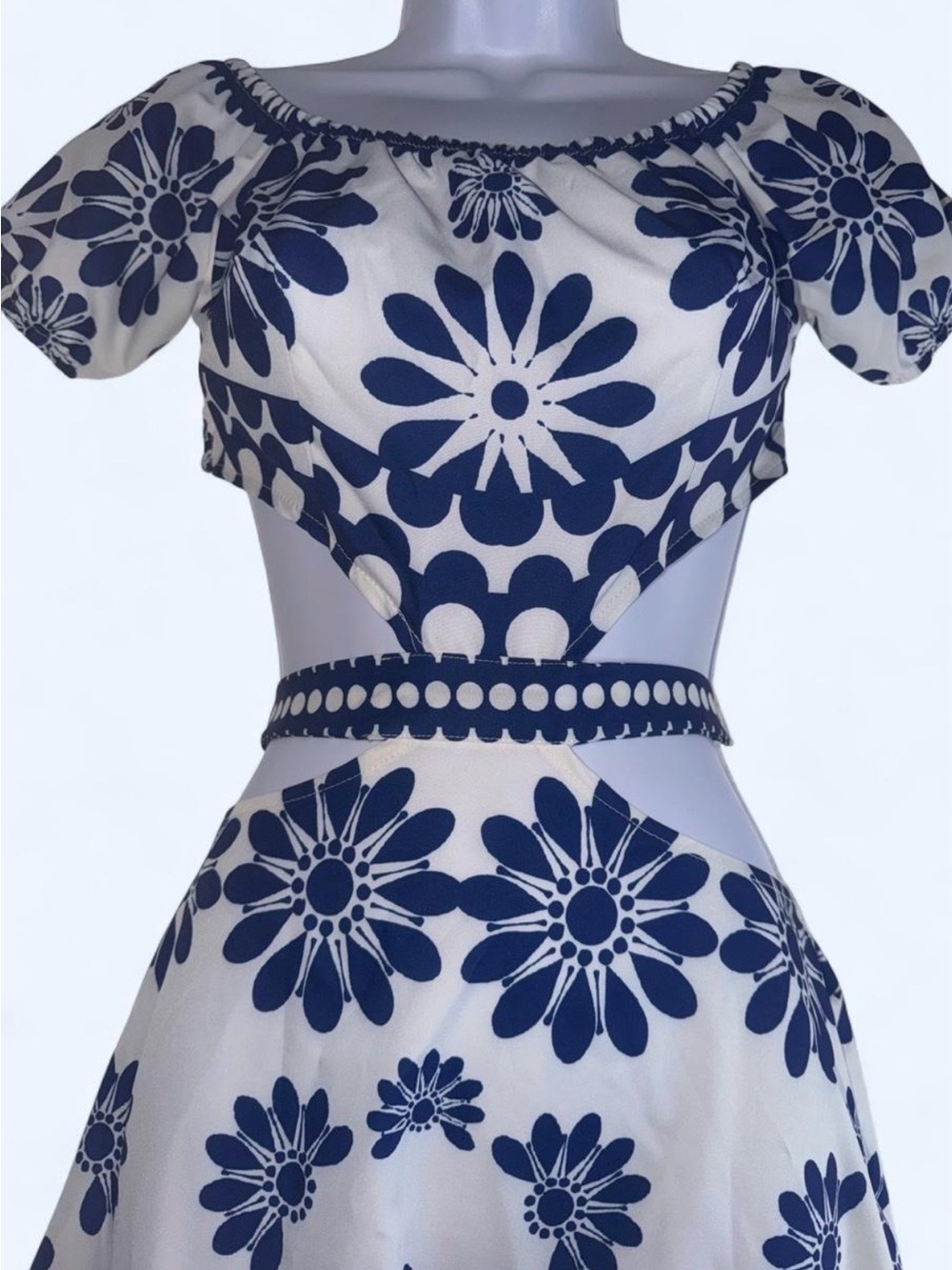 Navy and White Floral High-Low Dress with Cutout Waist